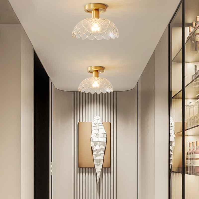 Minimalist Textured Glass Shade Brass LED Ceiling Light for Hallway Bedroom Balcony