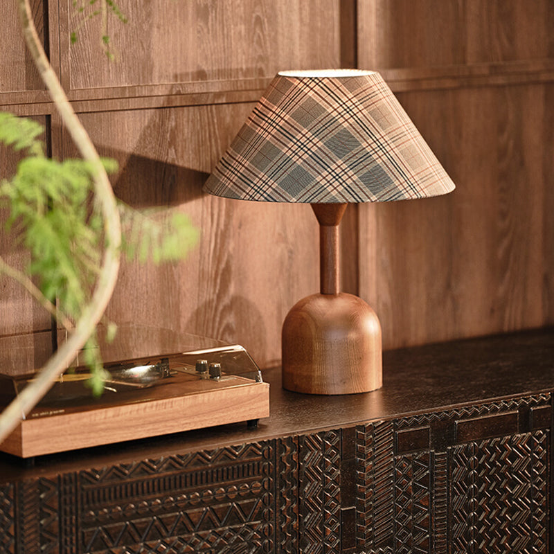 Household LED Desktop Lamp Nordic Style Atmosphere Light with Wooden Base with Grid Fabric Linen Shade