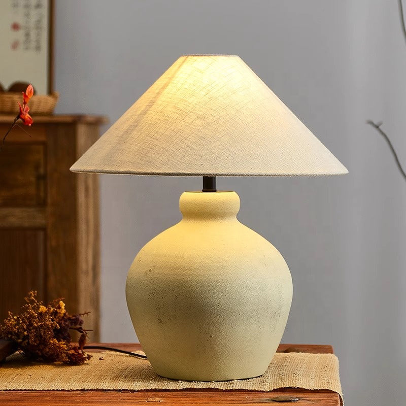 Wabi Sabi Ceramic Table Light Geometric Shape Table Lamp Cone Fabric Shade