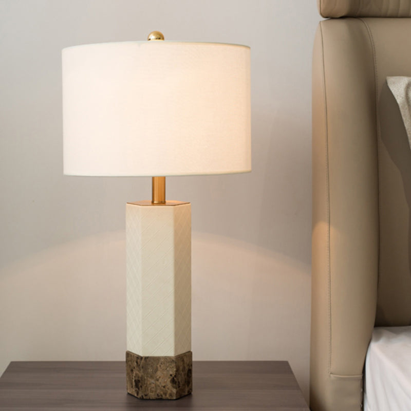 Traditional Column White Marble Lamp With Fabric Lampshade