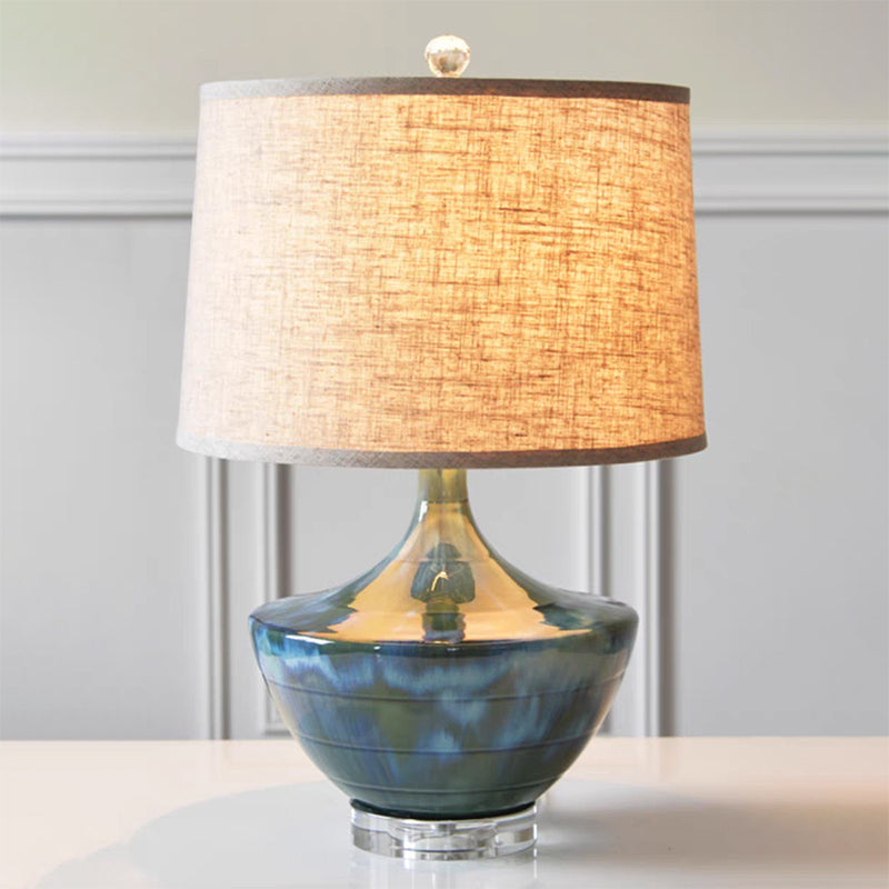 Kung Series Hand Made Ceramic Table Lamp Blue Color Beside with Cone Shade and Plug In Electric Power