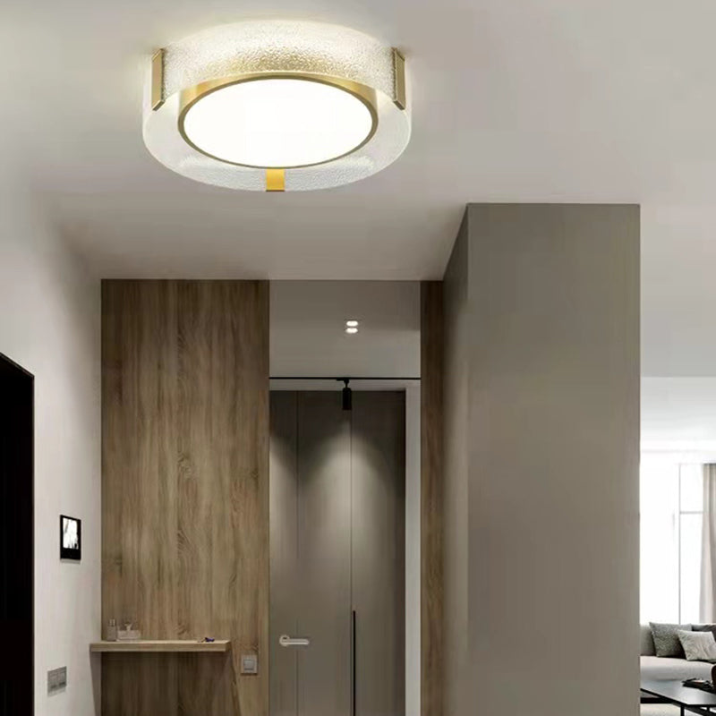 Light Luxury Dia.23" Round Textured Glass Brass LED Ceiling Lamp for Hallway Kitchen Bedroom