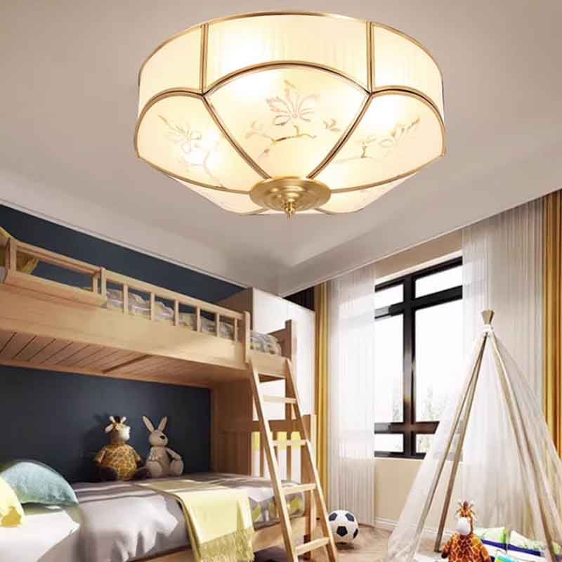 New Chinese Luxury Flower Glass LED Brass Ceiling Lamp with Remote Control Dimmable