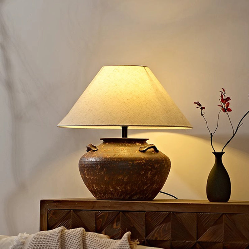 Kung Series Wabi Sabi Ceramic Table Light Geometric Shape Table Lamp with Fabric Shade for Bedroom