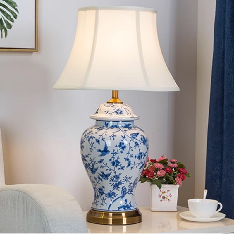 Chinese Blue and White Porcelain Ceramic Bedside Table Lamp White Fabric Shade E27 LED Light Bulb Included