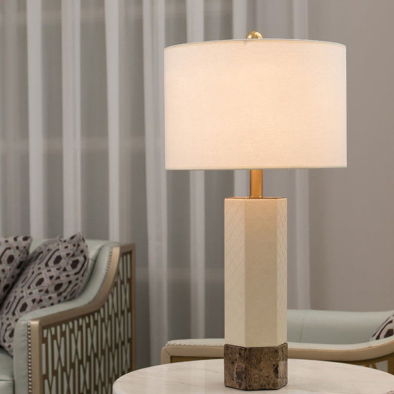 Traditional Column White Marble Lamp With Fabric Lampshade