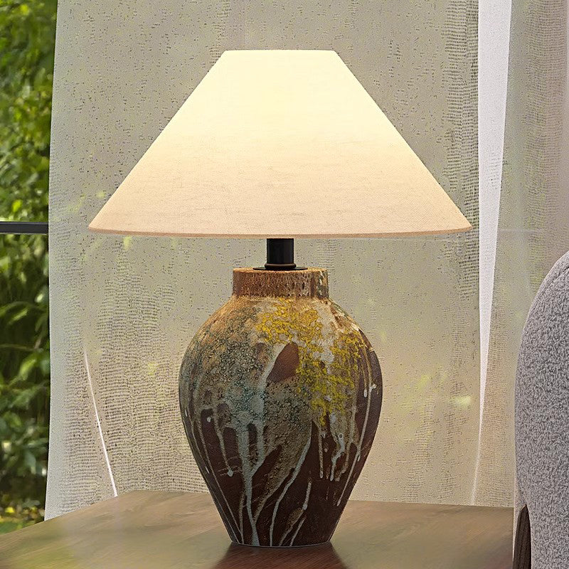 Ceramic Table Lamp Colorful Partern Ceramic Base And Cream Linen Shade Chinoiserie Desk Lamp