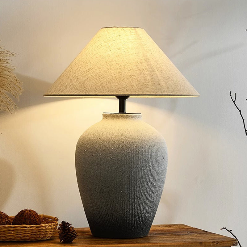 Wabi Sabi Ceramic Stripe Table Light Sand White Geometric Shape Table Lamp with Cone Fabric Shade for Bedroom