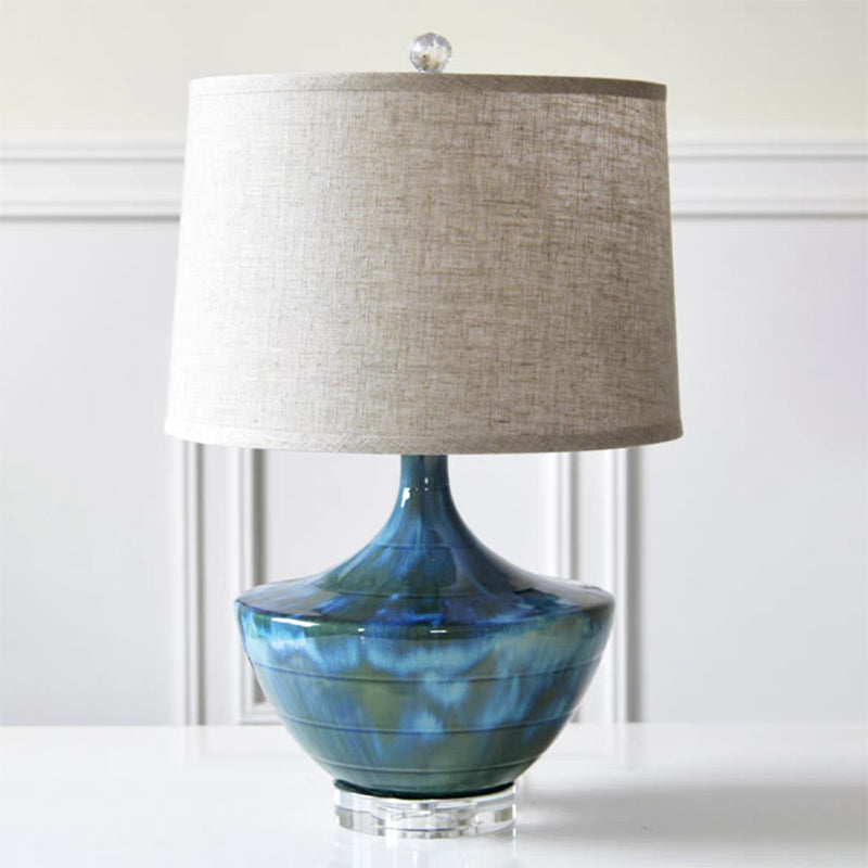 Kung Series Hand Made Ceramic Table Lamp Blue Color Beside with Cone Shade and Plug In Electric Power