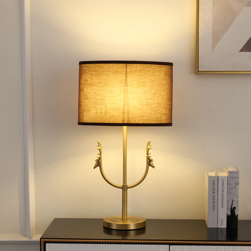 Modern LED Antler Brass Table Lamp Brown Color Fabric Lampshade for Bedroom Living Room