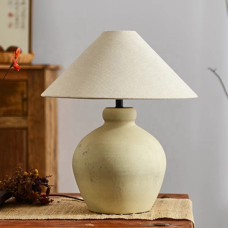 Wabi Sabi Ceramic Table Light Geometric Shape Table Lamp Cone Fabric Shade