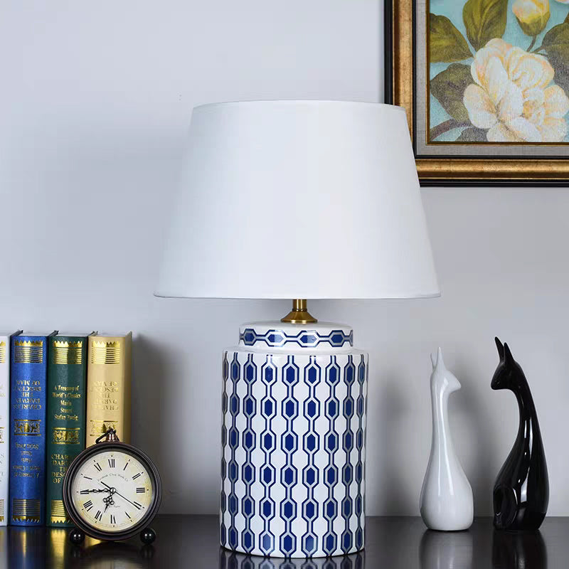 Traditional Ceramic Table Lamp with White Fabric Shade Adjustable Height and Plug In Electric