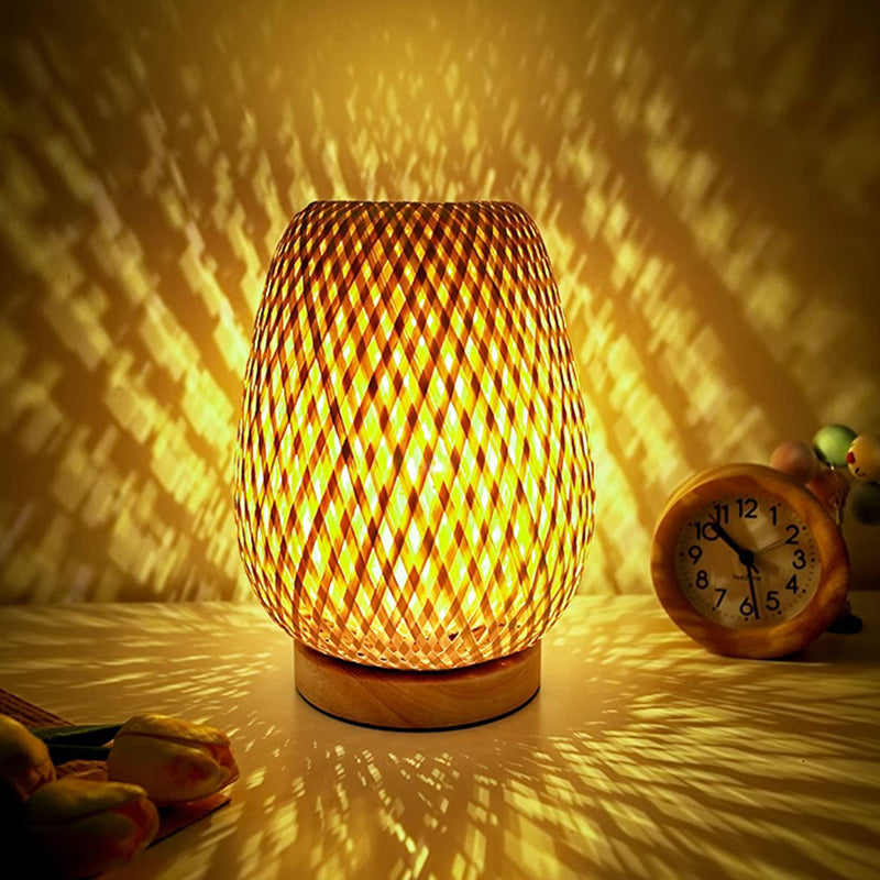 Handmade Natural Wooden Base Bamboo Weaving Table Lamp Eye Protection Bedroom Bedside Night Light