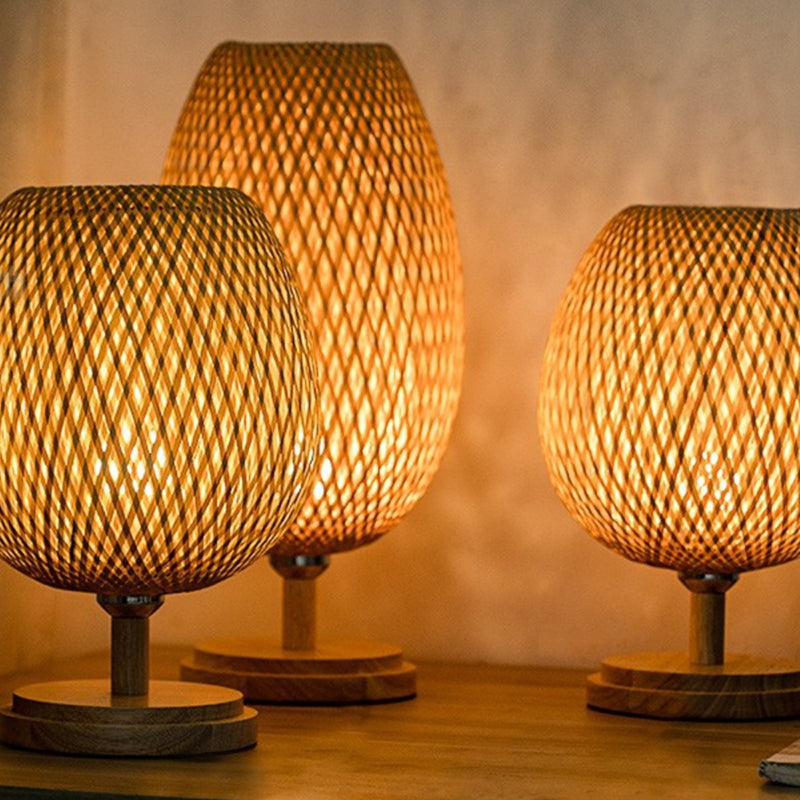 Chinese Wooden LED Table Lamp Retro Bamboo Weaving Table Lamp Lighting Bedroom Bedside Study
