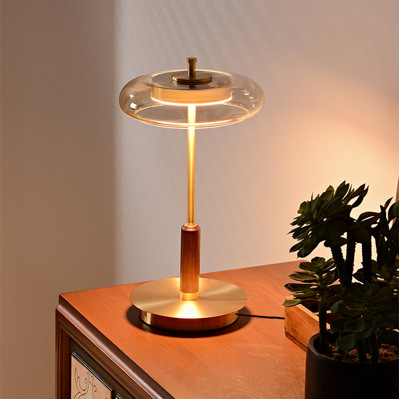 Modern Luxury Brass Table Lamp With Glass Lampshade Oak Wood Body