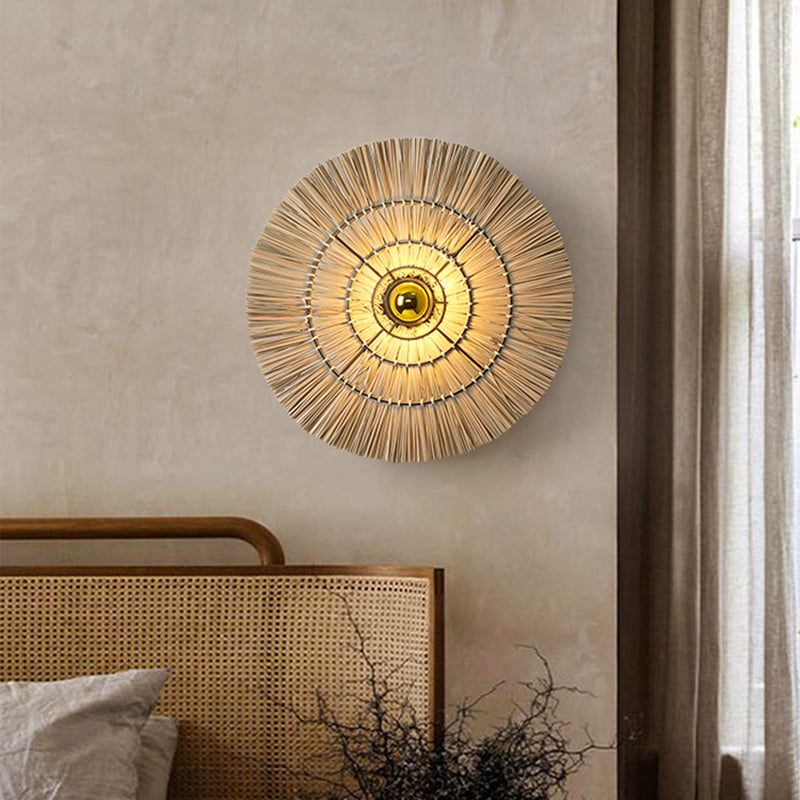 Handmade LED Grass Woven Circular Wall Lamp Modern Home Living Room Background Wall Lighting Fixtures Dining Room Decor Lights