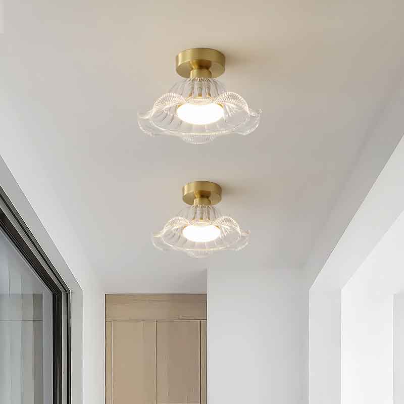 Rustic Creative Flower Brass LED Ceiling Light With Clear Glass Lampshade and LED E27