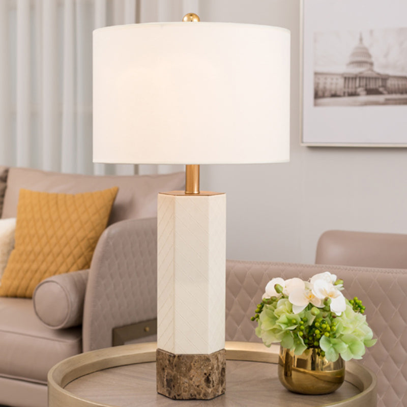 Traditional Column White Marble Lamp With Fabric Lampshade