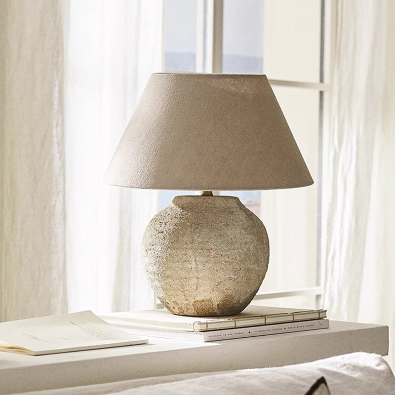 Wabi Sabi Style Ceramic Table Light Coarse Geometric Shape Table Lamp with Cone Fabric Shade for Bedroom