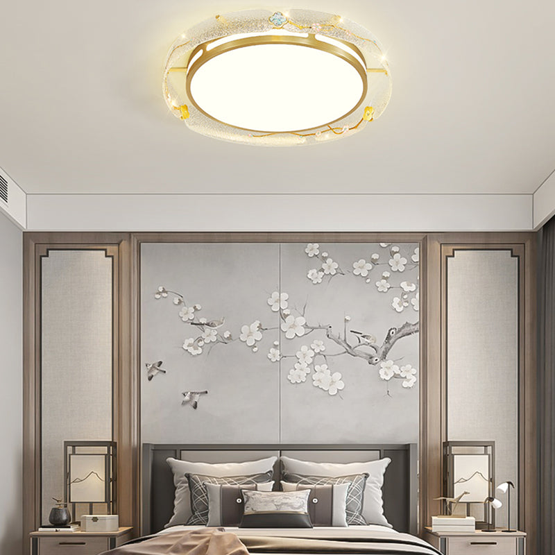 Traditional Enamel Glass Brass Ceiling Light Round Dimmable Flush Mount LED Ceiling Lamp