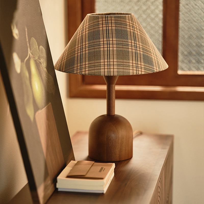 Household LED Desktop Lamp Nordic Style Atmosphere Light with Wooden Base with Grid Fabric Linen Shade