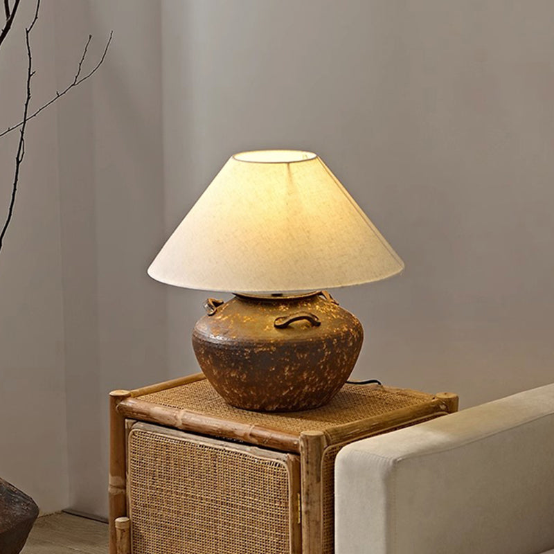 Kung Series Wabi Sabi Ceramic Table Light Geometric Shape Table Lamp with Fabric Shade for Bedroom