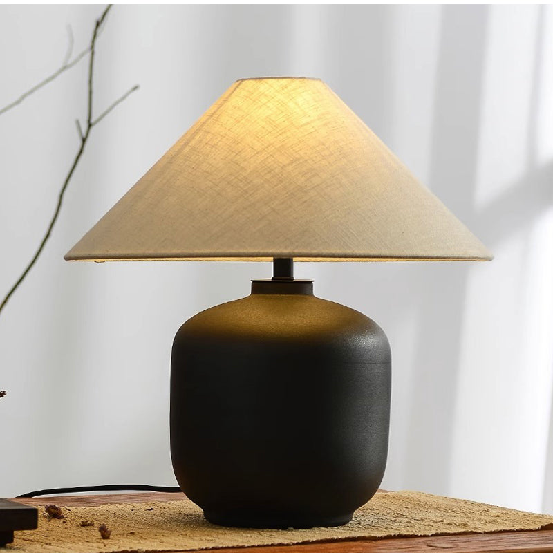 Wabi Sabi Ceramic Table Light Sand Black Sand White Geometric Shape Table Lamp with Cone Fabric Shade for Bedroom