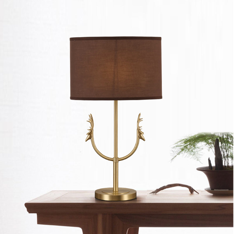 Modern LED Antler Brass Table Lamp Brown Color Fabric Lampshade for Bedroom Living Room