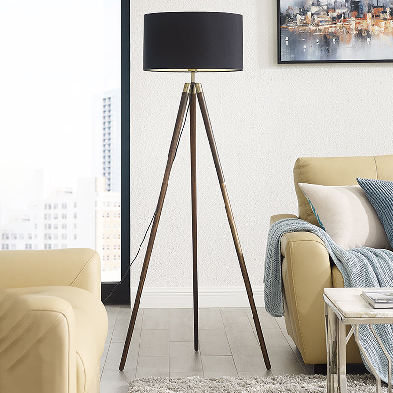 Novelty Solid Wooden Tripod 61" Floor Lamp With Black Fabric Lampshade