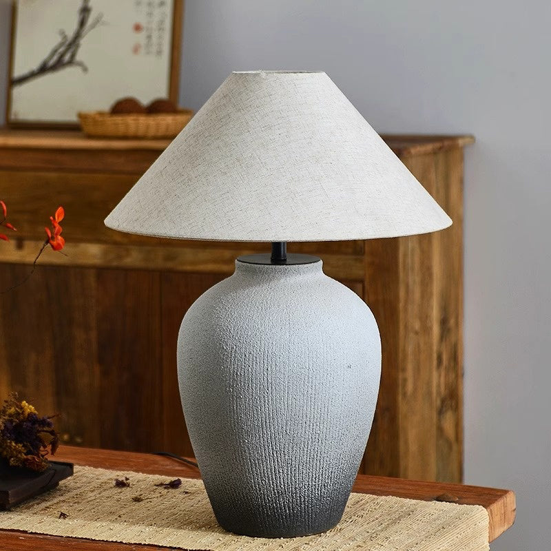 Wabi Sabi Ceramic Stripe Table Light Sand White Geometric Shape Table Lamp with Cone Fabric Shade for Bedroom