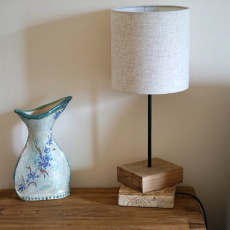 Unique Wooden Modern Table Lamp with Ambient Fabric Shade Vintage Style