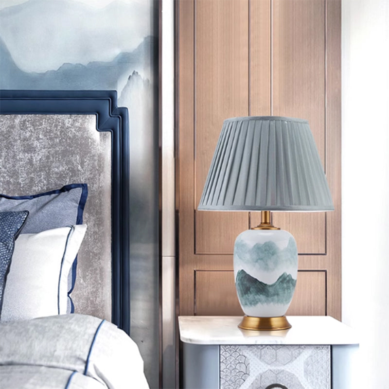 Blue and White Porcelain Ceramic Bedside Table Lamp with Fabric Shade E27 LED Light Bulb Included