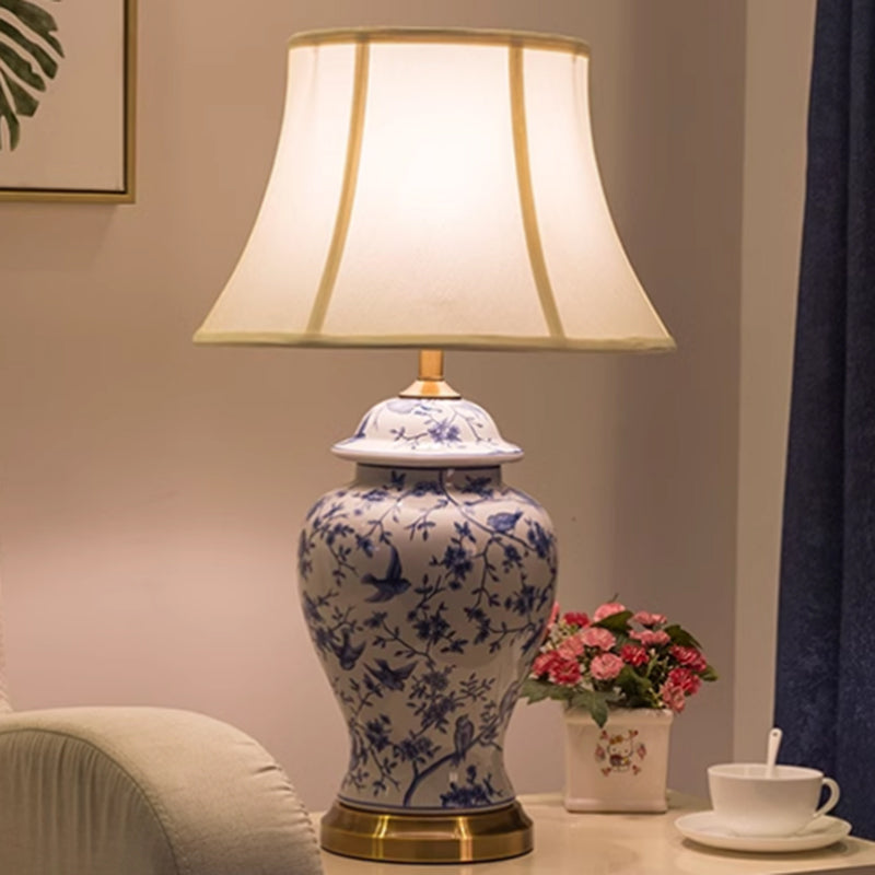 Chinese Blue and White Porcelain Ceramic Bedside Table Lamp White Fabric Shade E27 LED Light Bulb Included