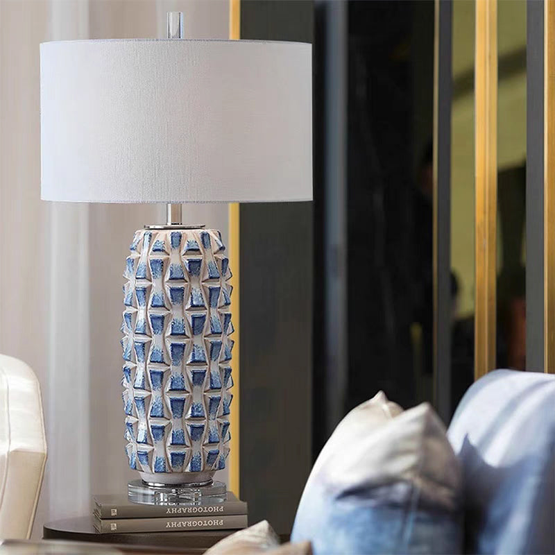 Geometric White Ceramic Table Lamp with Button Switch and Fabric Lamp Shade Warm white LED Bulb