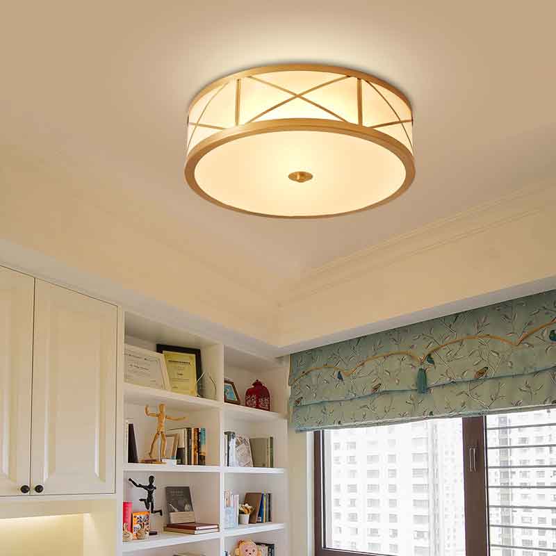 American Style Dia.17" Round Drum Brass LED Ceiling Light for Bedroom Living Room