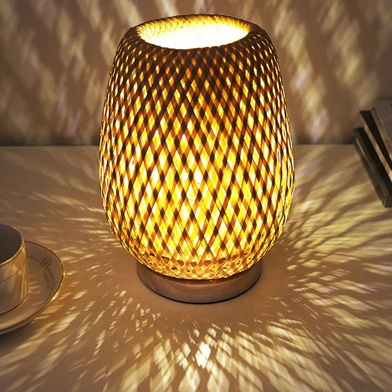 Handmade Natural Wooden Base Bamboo Weaving Table Lamp Eye Protection Bedroom Bedside Night Light