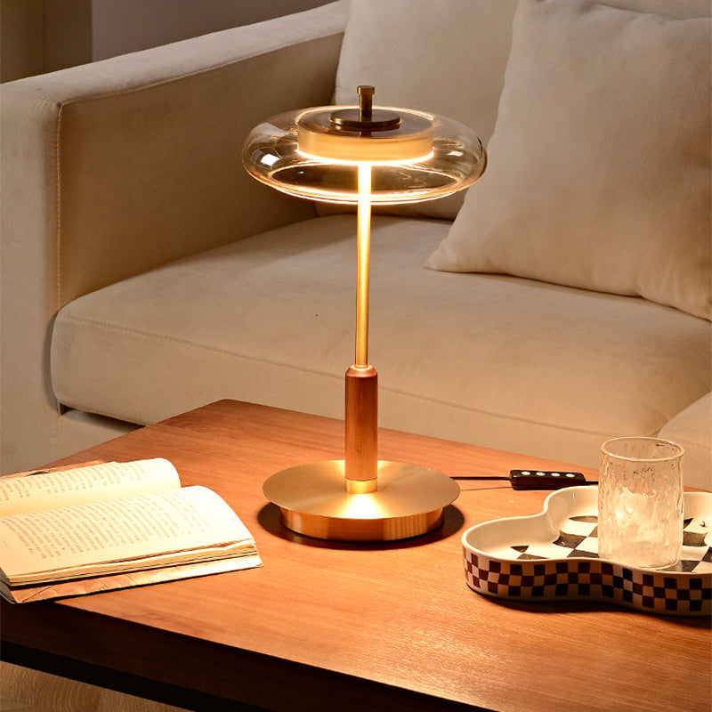 Modern Luxury Brass Table Lamp With Glass Lampshade Oak Wood Body