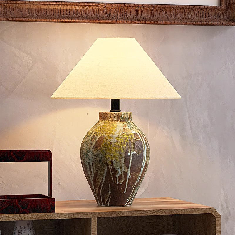 Ceramic Table Lamp Colorful Partern Ceramic Base And Cream Linen Shade Chinoiserie Desk Lamp