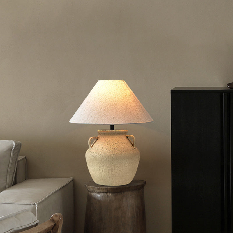 Wabi Sabi Beige Ceramic Table Lamp Handmade Retro Light Luxury New Chinese Light Suitable For Bedroom