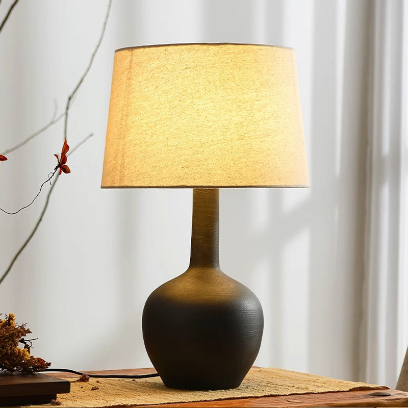 Black Color Tapered Table Lamp Minimalist 1 Head Fabric Nightstand Light with Chinese Black Ceramic Base