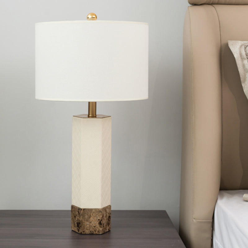 Traditional Column White Marble Lamp With Fabric Lampshade