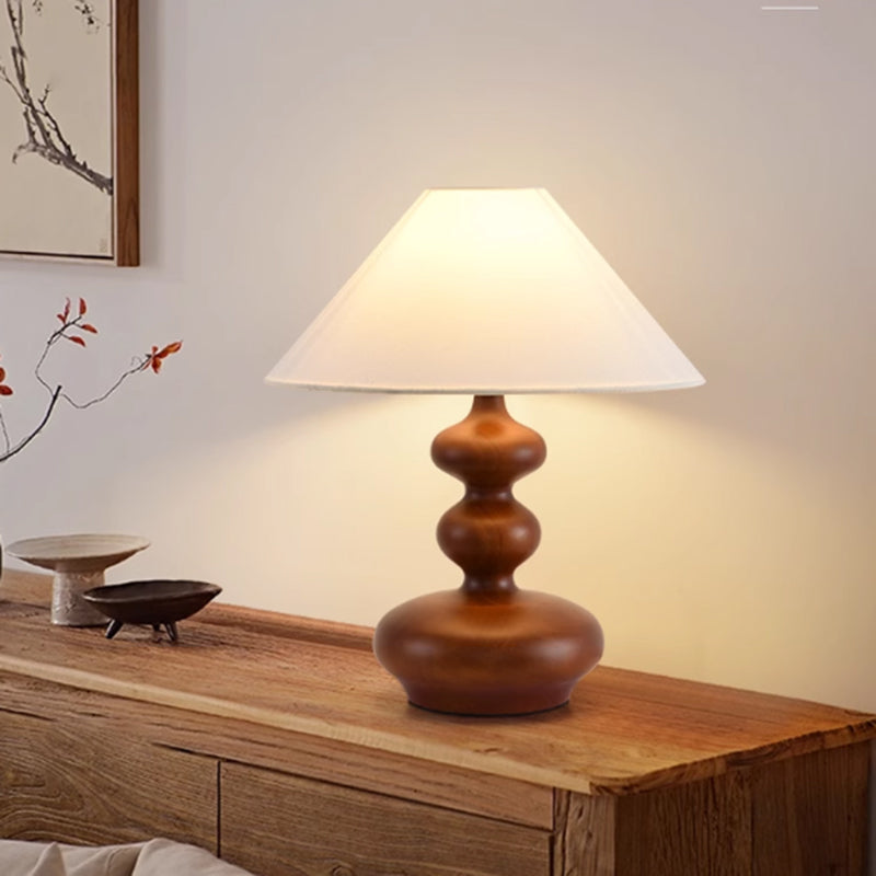 Residential Use Casual Gourd Wood & Textile Electrical Plug-in Bedside Table Lamp 17.5"