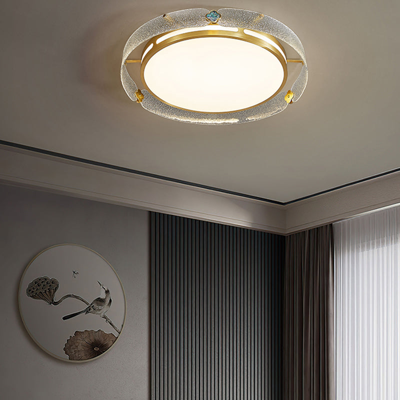 Traditional Enamel Glass Brass Ceiling Light Round Dimmable Flush Mount LED Ceiling Lamp