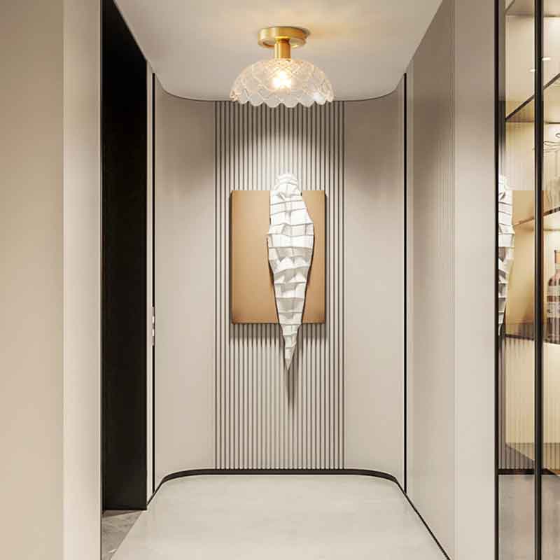 Minimalist Textured Glass Shade Brass LED Ceiling Light for Hallway Bedroom Balcony