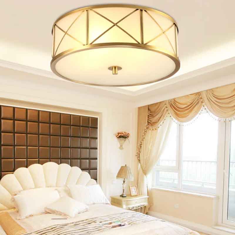 American Style Dia.17" Round Drum Brass LED Ceiling Light for Bedroom Living Room