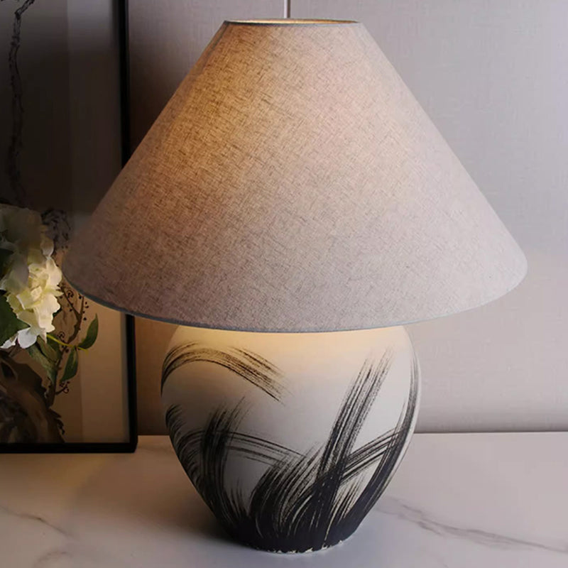 Wabi Sabi Ceramic Table Lamp Hand Painting Liene Fabric Desk Light for Living Room Bedroom