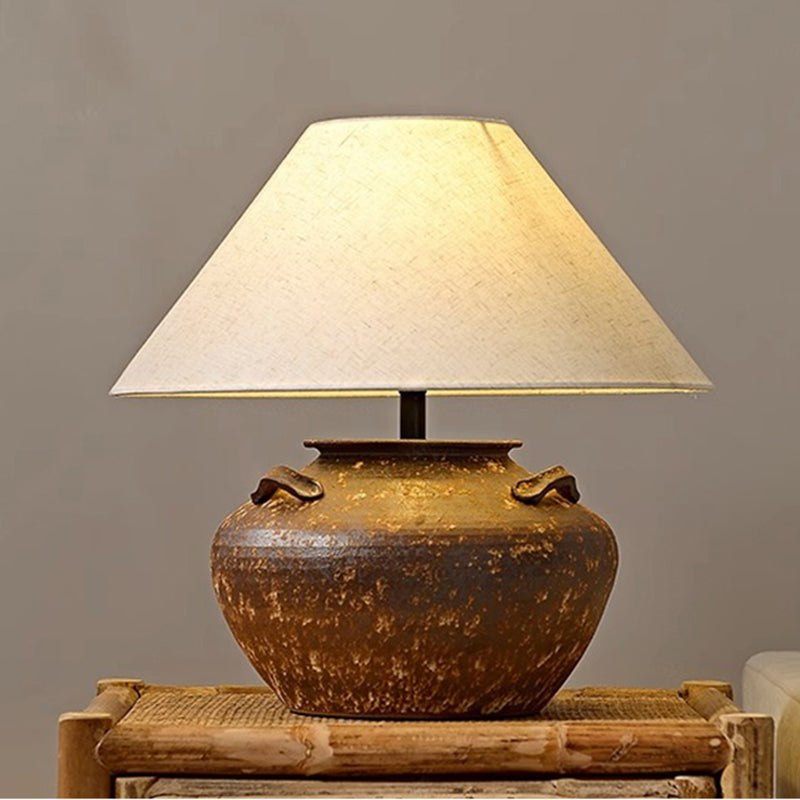 Kung Series Wabi Sabi Ceramic Table Light Geometric Shape Table Lamp with Fabric Shade for Bedroom