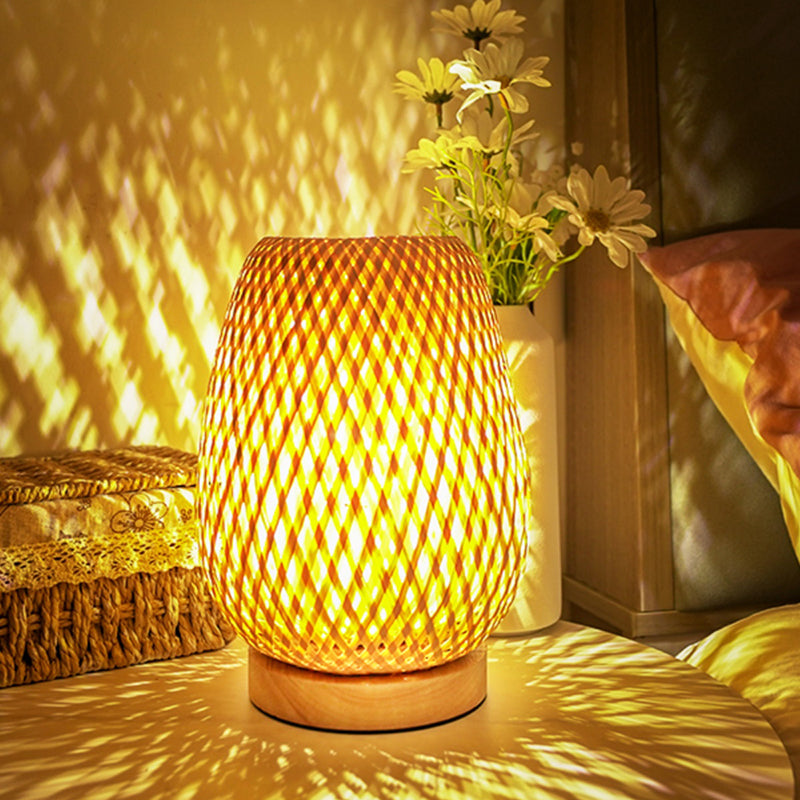 Handmade Natural Wooden Base Bamboo Weaving Table Lamp Eye Protection Bedroom Bedside Night Light