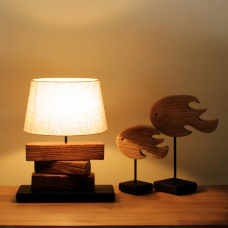 17" Receptacle-powered Down Wood Bedside Table Lamp for Residential Use with Textile Shade in a Simplistic Style