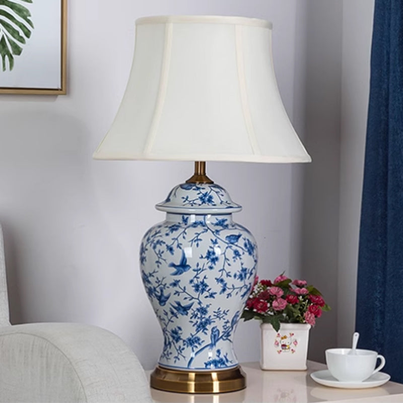 Chinese Blue and White Porcelain Ceramic Bedside Table Lamp White Fabric Shade E27 LED Light Bulb Included